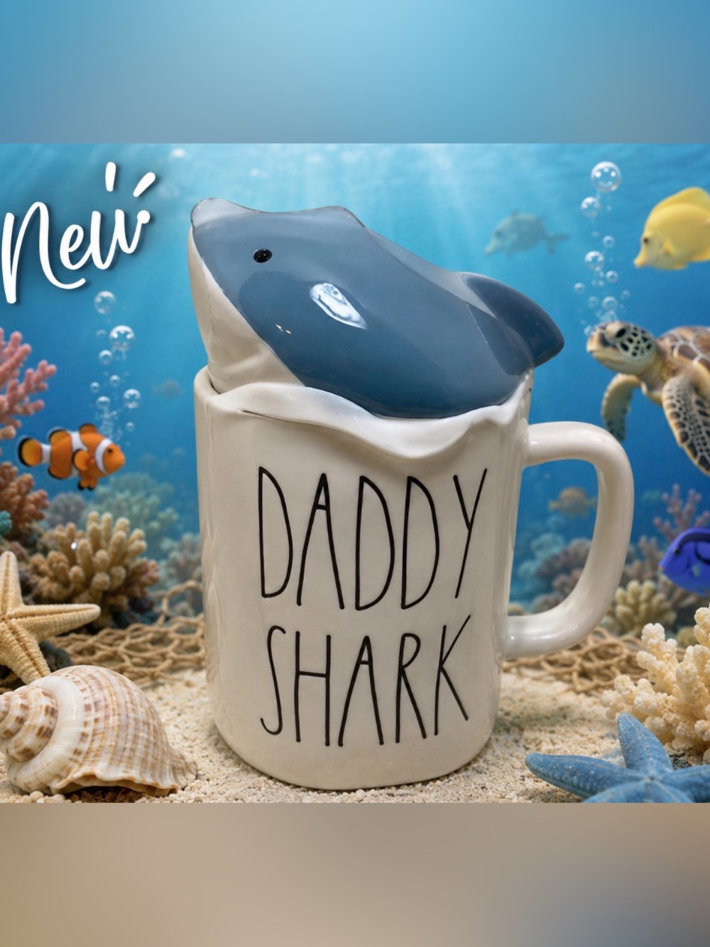 Rae Dunn Daddy Shark Ceramic Mug with Shark Lid - White and Blue